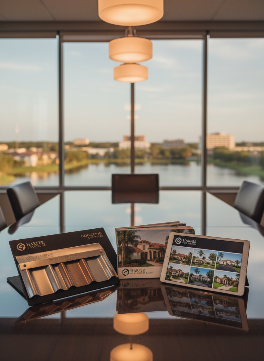 An elegant conference table scene inside a modern property services office, with a glossy dark-wood surface reflecting neatly arranged materials: a high-end metal roofing sample board, a stack of real estate brochures featuring Florida homes, and a sleek tablet displaying a property portfolio grid. In the background, floor-to-ceiling windows reveal a blurred skyline of Lakeland’s low-rise buildings and scattered lakes. Soft, warm pendant lighting from above combines with gentle natural daylight, creating layered cinematic illumination and soft reflections on the table. The composition is shot from table height with a shallow depth of field, keeping the samples in crisp focus while the cityscape becomes a calm bokeh. The mood is polished, collaborative, and solution-oriented, representing Harper Group’s integrated roofing, real estate, and property services.