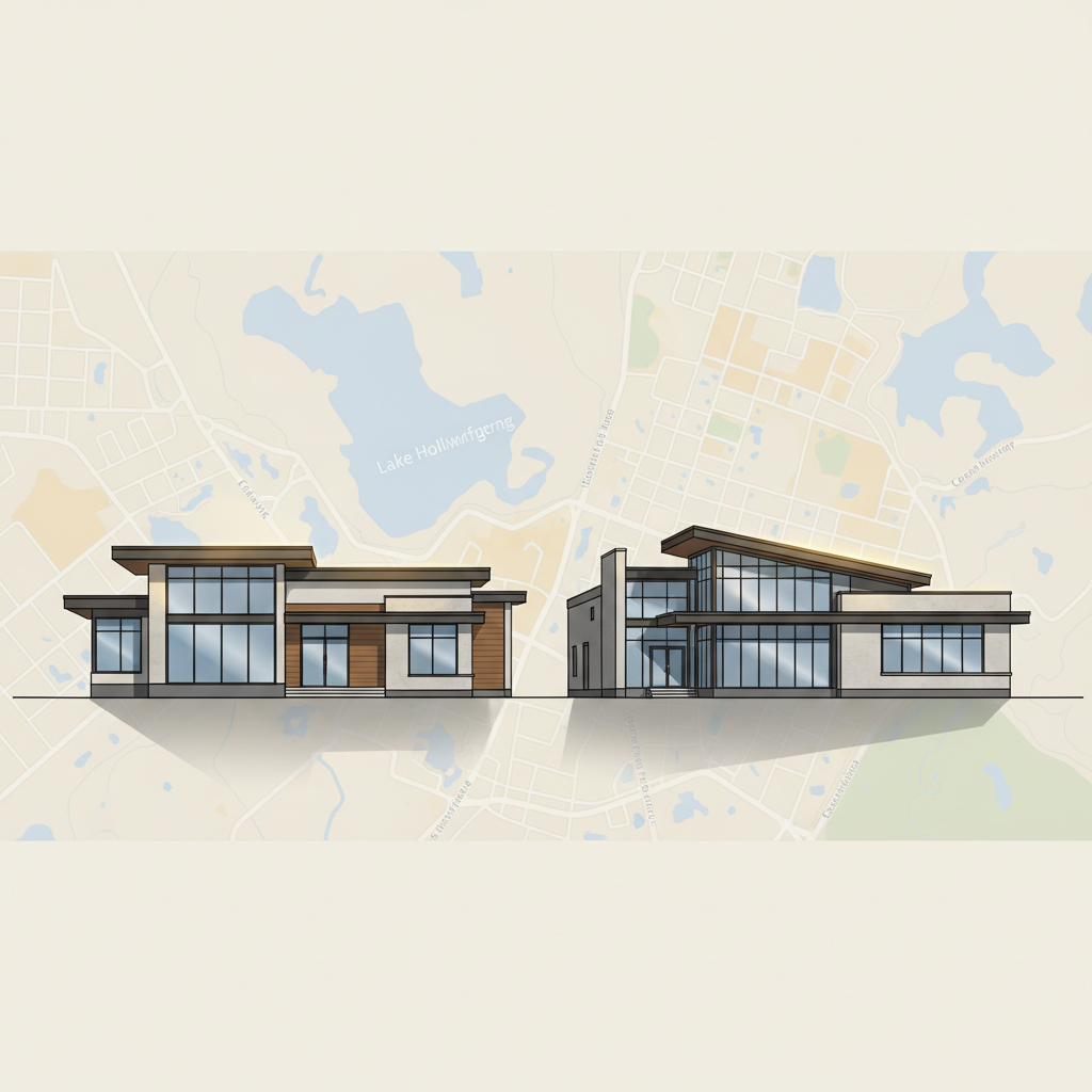A polished dark-gray architectural blueprint-style illustration of a modern Central Florida home and commercial building side by side, their crisp rooflines and clean facades rendered with photographic realism. The structures sit on a subtle map-like overlay of Lakeland, Florida, with faint lakes and streets in the background, all in muted blues and warm neutrals. Soft golden hour cinematic lighting washes from the left, creating gentle highlights along roof edges and casting long, clean shadows. The composition is wide and panoramic, eye-level, with the buildings anchored in the lower third and the map fading into a tasteful bokeh. The mood is professional, trustworthy, and forward-looking, with a clean, modern aesthetic that suggests comprehensive property services without showing any people.